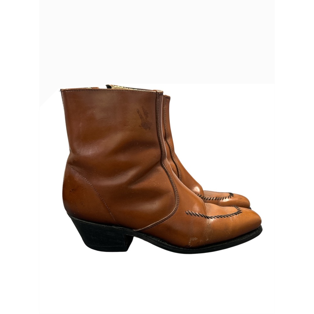 Vintage 1970's Brown Leather Western Ankle Boots Side Zip Mens 9 D USA Made